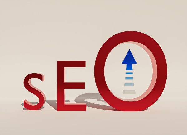 a red sign with a blue arrow pointing to the word SEO