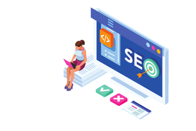 girl sitting in front of screen with seo on it